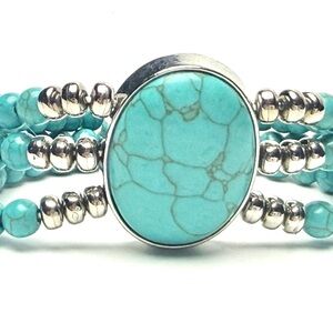 Stretch Faux Turquoise Beaded Bracelet Silver Tone Oval Statement